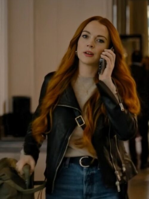 Our Little Secret 2024 Lindsay Lohan Black Leather Biker Jacket