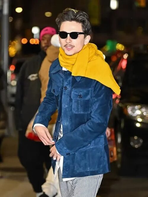 Timothée Chalamet Blue Suede Coat Jacket