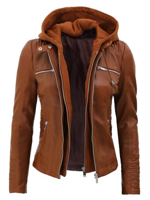 Women Brown Hooded Leather Jacket