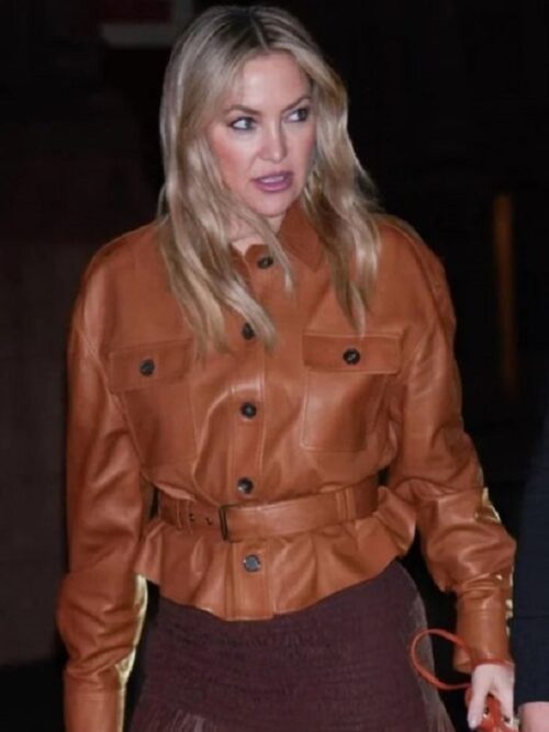 Kate Hudson in a brown leather jacket and tiered maxi skirt, showcasing boho chic style in New York City