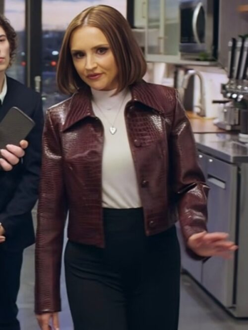 Megan Rachael Leigh Cook TV Movie Sisterhood Inc 2025 Croc Faux Leather Cropped Jacket – Burgundy