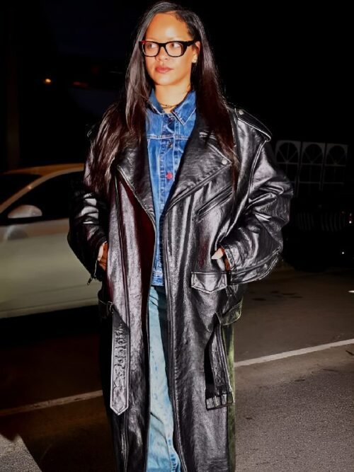 Rihanna 2025 Los Angeles Black Leather Trench Coat