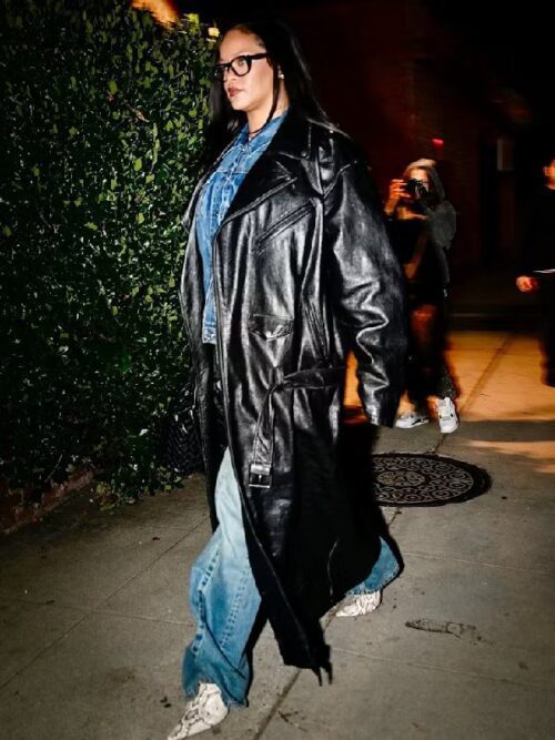 Rihanna 2025 Los Angeles Black Leather Trench Coat