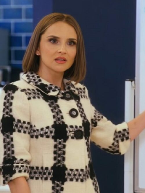 Rachael Leigh Cook in a stylish J.Crew plaid coat in TV Movie Sisterhood Inc 2025, showcasing her chic fashion sense.