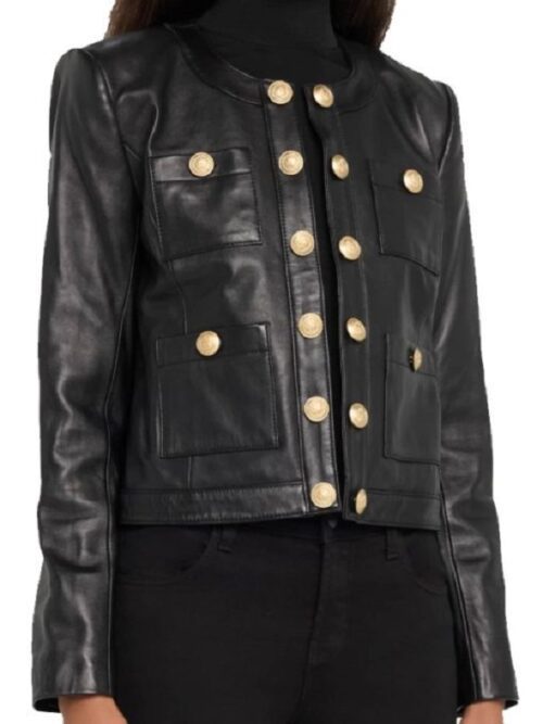 A stylish black leather jacket featuring elegant gold buttons, showcasing a blend of sophistication and modern fashion.