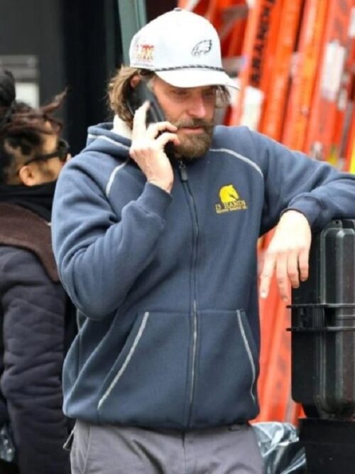 The Bradley Cooper NYC Zipper Hoodie styled by Bradley Cooper while talking on the phone in the New York.