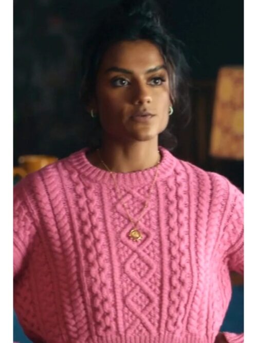 Simone Ashley Picture This 2025 Pia Pink Cable Crewneck Sweater