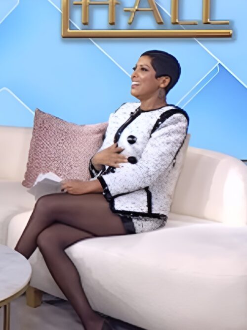 Tamron Hall Show 2025 Tamron Hall Collarless Raw-Edge Sequined Blazer Jacket In White Blk