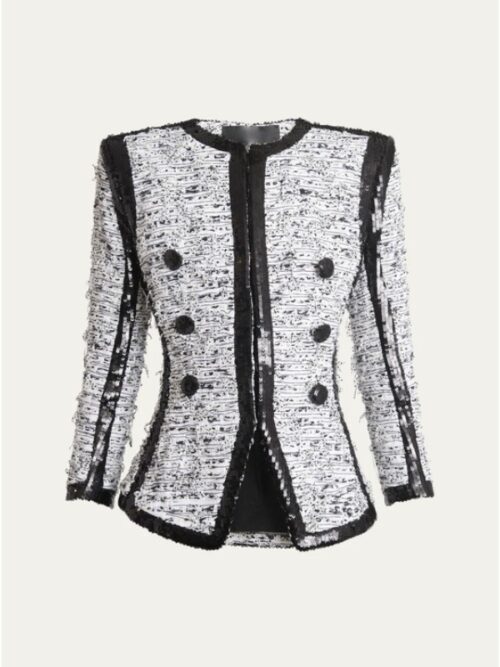 Tamron Hall Show 2025 Tamron Hall Collarless Raw-Edge Sequined Blazer Jacket In White Blk