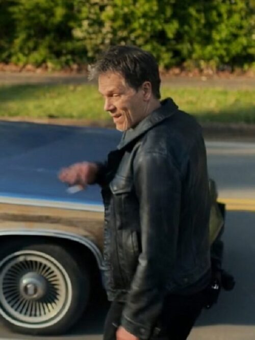 Kevin Bacon TV Series The Bondsman Hub Halloran Leather Jacket featuring a sleek, rugged leather finish and bold character detailing.