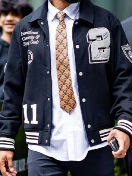 NYC 2025 Patty Mills Black Letterman Varsity Jacket with bold detailing and classic athletic design.