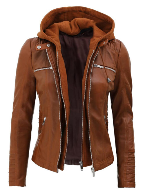 Women Brown Hooded Leather Jacket