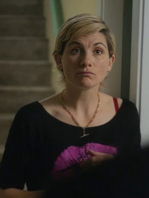 Toxic Town 2025 Jodie Whittaker Pink Lip Blouse