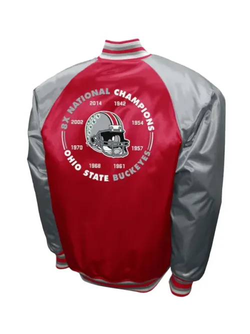 NCCA Team Ohio State Buckeyes Bomber Satin Jacket with sleek satin finish and team branding.