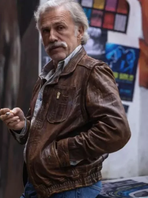Christoph Waltz Old Guy 2025 Brown Leather Jacket with a rugged design inspired by his role in the film.