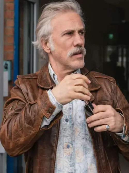 Christoph Waltz Old Guy 2025 Brown Leather Jacket styled after his bold on-screen persona.